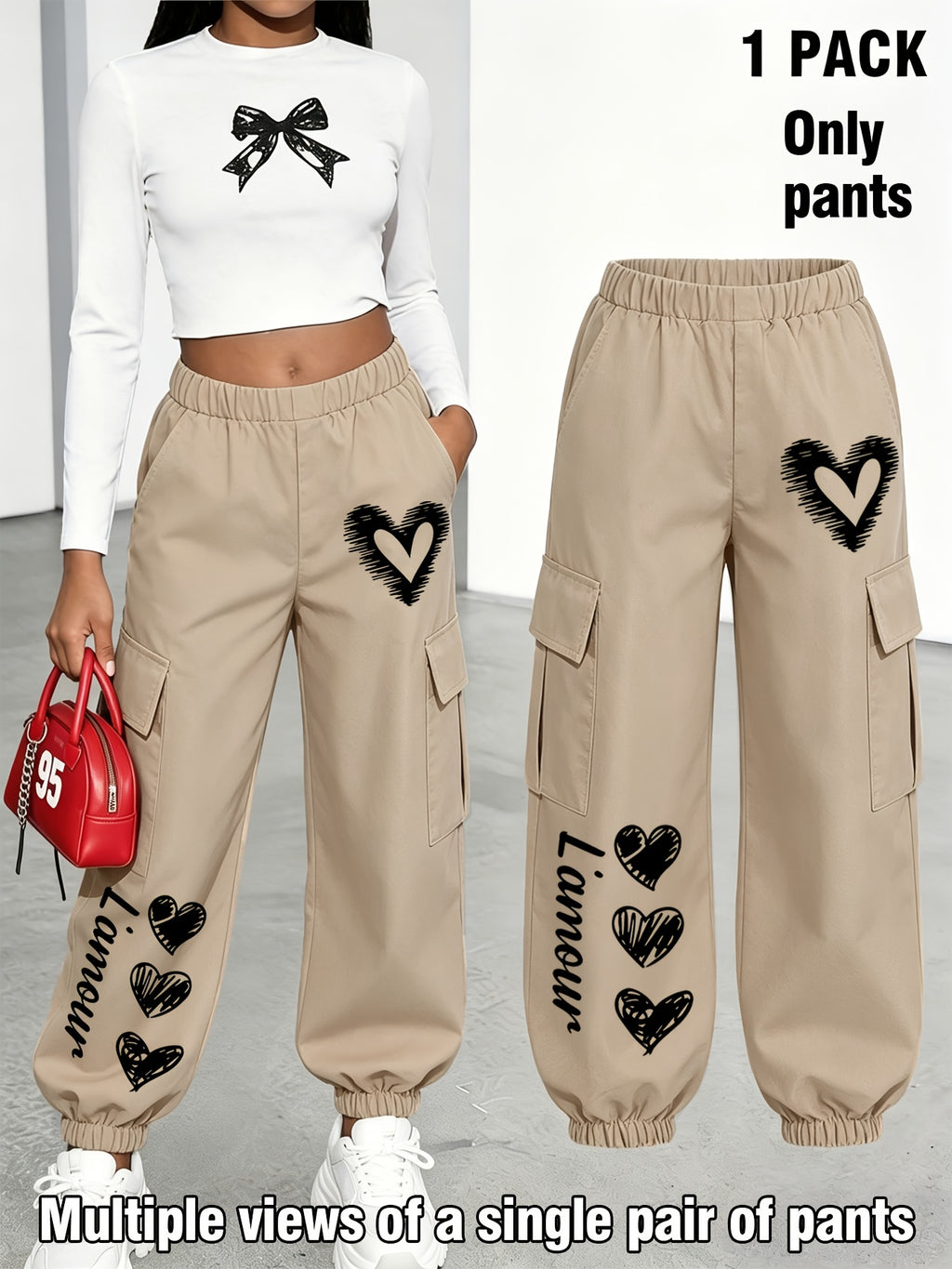 New Arrival - Women's Cargo Pants Sold Individually, Cute and Fun Heart Print Work Pants with Multiple Pockets, Cargo Pants Style, Long Pants for Fashionable Aged 18-25, Machine Washable, Durable Fabric - Suitable for Spring and Summer - Khaki