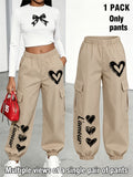 New Arrival - Women's Cargo Pants Sold Individually, Cute and Fun Heart Print Work Pants with Multiple Pockets, Cargo Pants Style, Long Pants for Fashionable Aged 18-25, Machine Washable, Durable Fabric - Suitable for Spring and Summer - Khaki