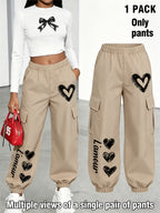 New Arrival - Women's Cargo Pants Sold Individually, Cute and Fun Heart Print Work Pants with Multiple Pockets, Cargo Pants Style, Long Pants for Fashionable Aged 18-25, Machine Washable, Durable Fabric - Suitable for Spring and Summer - Khaki