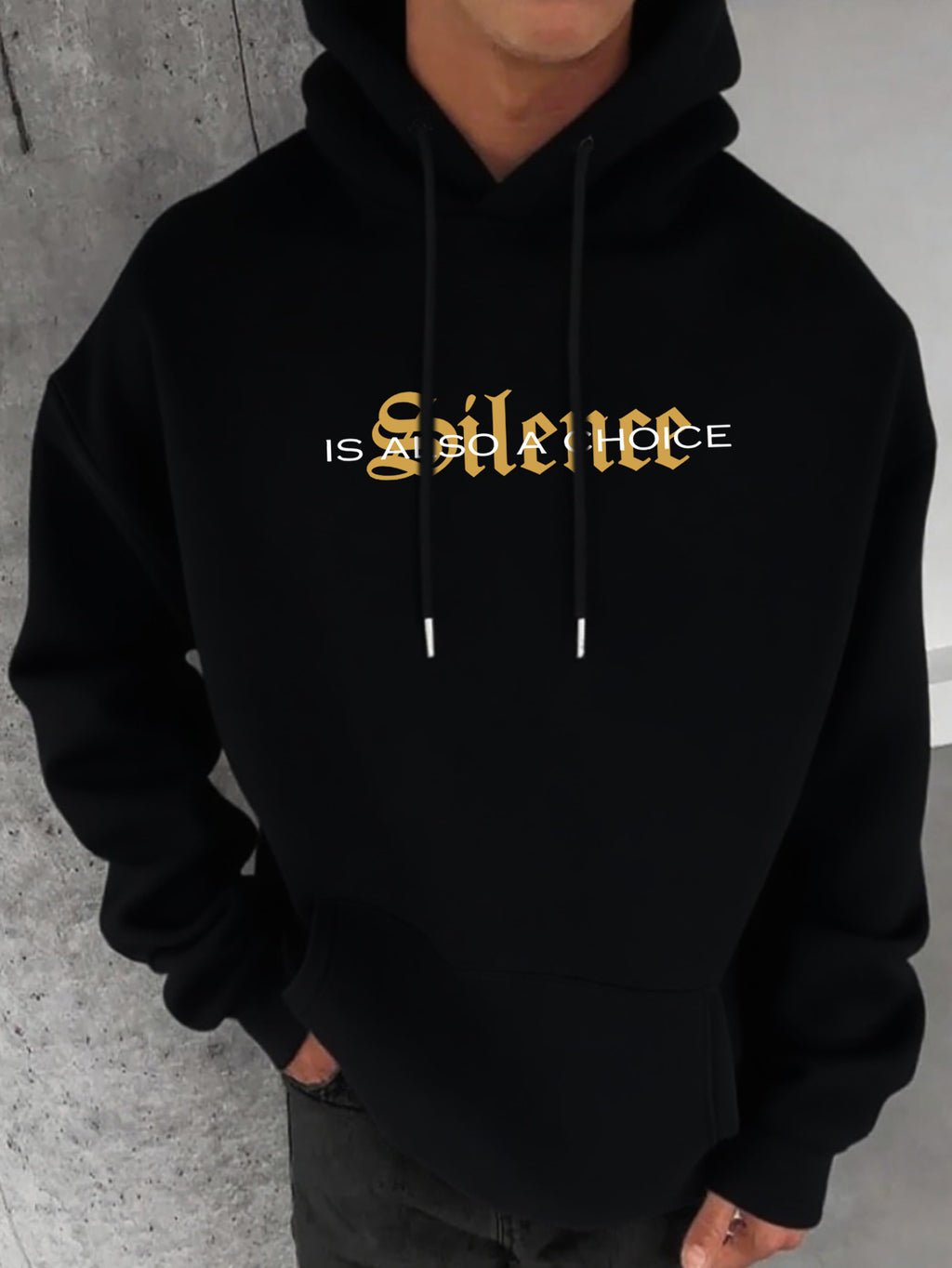 Men's Casual Hooded Sweatshirt - Y2K High Street Style Heavyweight Draped Texture Hooded Sweatshirt with Pocket, Featuring an Intricate Totem Skull Design on the Back Combined with a "Silence" Attitude Slogan Letter Print, with a Three-dimensional - Black