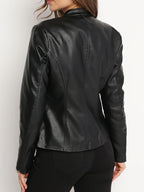 Women's Elegant PU Jacket - 2025 New Style Women's Jacket Outerwear - Full Zip Long Sleeve Motorcycle Biker Jacket for Women, Spring, Autumn, Winter Outerwear, Suitable for Casual and Formal Wear, Durable, Structured Fit, Stand Collar - Black