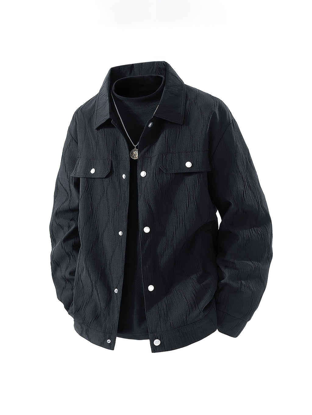Early Autumn New Men'S Lapel Textured Solid Color Cargo Jacket, Trendy Snap-Button Loose Casual Short Coat with Pockets, Premium Men'S Gift - Black
