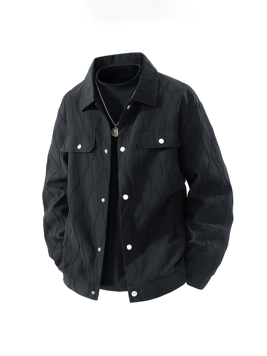 Early Autumn New Men'S Lapel Textured Solid Color Cargo Jacket, Trendy Snap-Button Loose Casual Short Coat with Pockets, Premium Men'S Gift - Black