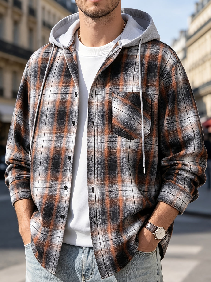 Men'S Hooded Plaid Shirt Jacket, Classic Color-Block Checkered Design, Layered And Practical, Loose Drop Shoulder Fit, Easy And Elegant Chest Pocket Detail, Suitable for Spring/Autumn Daily Commute, Casual Outings, And Dates - Huang Haige