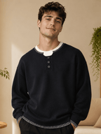 Men's and Women's Casual Sweater, Trendy Versatile Winter Henley Collar 2-in-1 Look Knit Top and Inner Base Layer, JKXN-1171 - Black