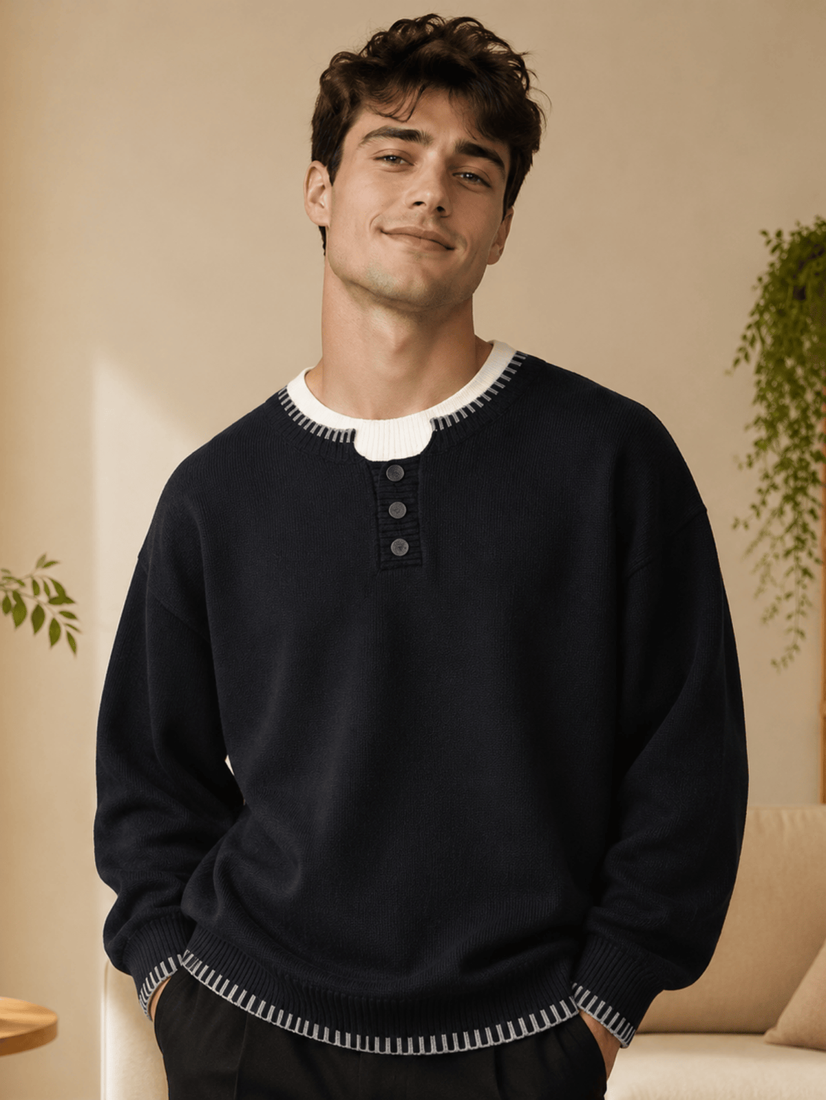Men's and Women's Casual Sweater, Trendy Versatile Winter Henley Collar 2-in-1 Look Knit Top and Inner Base Layer, JKXN-1171 - Black