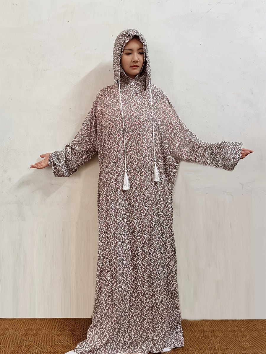 Women's Middle Eastern-Inspired Floral Print Hooded Prayer Robe - Loose Fit Lantern Sleeves with Adjustable Drawstring Hood, Machine Washable Non-Stretch Fabric for All-Season Comfort, Prayer Cloak, Middle Eastern Style, Decorative Details - Multicolor