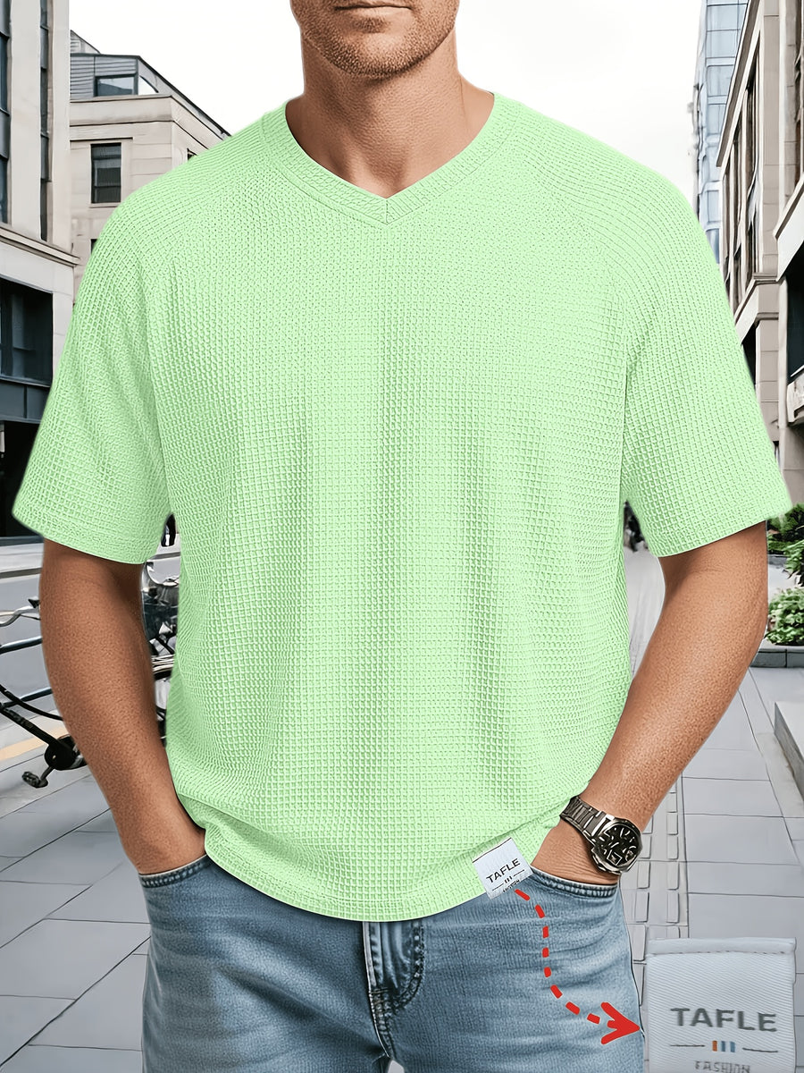 Men's Large Waffle Knit Chicken-Heart Neck T-Shirt - Loose Fit Short Sleeve Crew Neck Shirt with Hem Logo Decoration, Breathable Summer Casual & Sportswear, Solid Color Suitable for Gym, Casual Attire, Machine Washable - Light Green