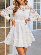 Wedding Guest Dress Women'S New Easy Solid Color Lace Elegant Short Sleeve Dress Bridesmaid Dress - Milky