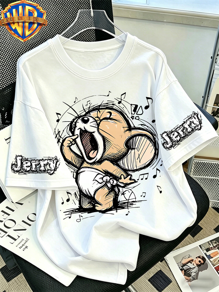 Warner Bros. Official Classic Character Music Singing Mouse Print T-Shirt, Men'S 100% Casual Comfortable Multi-Functional Loose Summer Short Sleeve T-Shirt, Suitable for Outdoor Wear - White