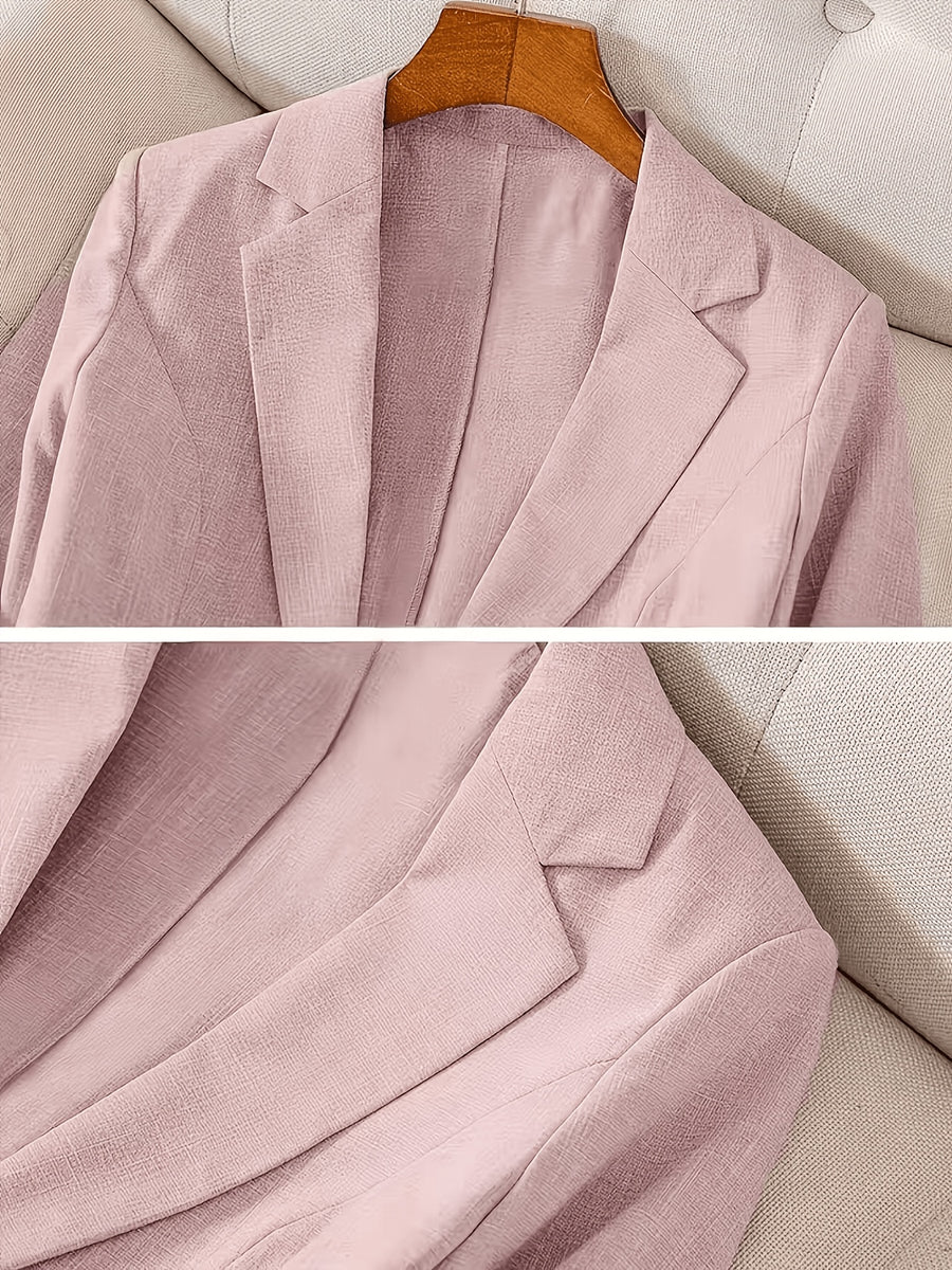 Women'S Casual Solid Single-Breasted Blazer, Spring/Summer Thin 3/4 Sleeve Lapel Coat - Pink Color