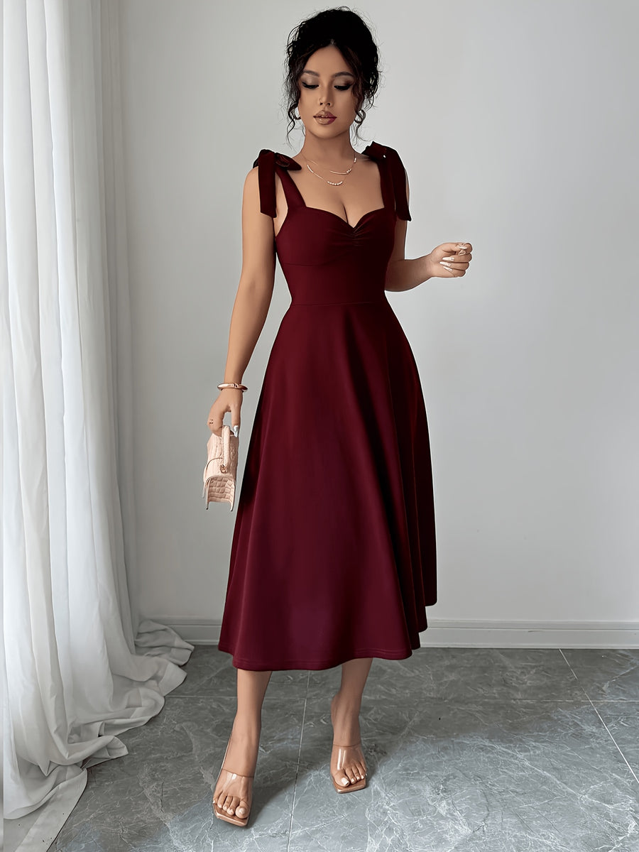 Women's Elegant Sleeveless Tie-Waist A-Line Dress - Burgundy