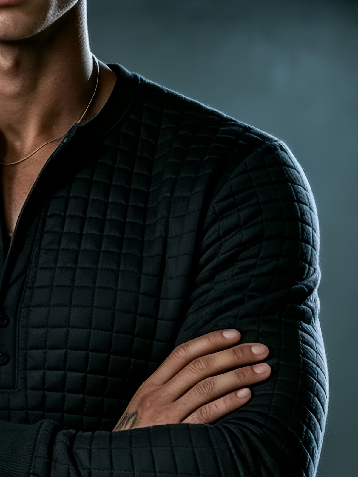 Autumn New Men'S White Checkered Henley Long Sleeve T-Shirt, Henley Collar Textured Top, Easy Rugged Slim Fit, Salon Gathering Casual Wear, Easy Fashion, Men'S Half-Open Long Sleeve - Black