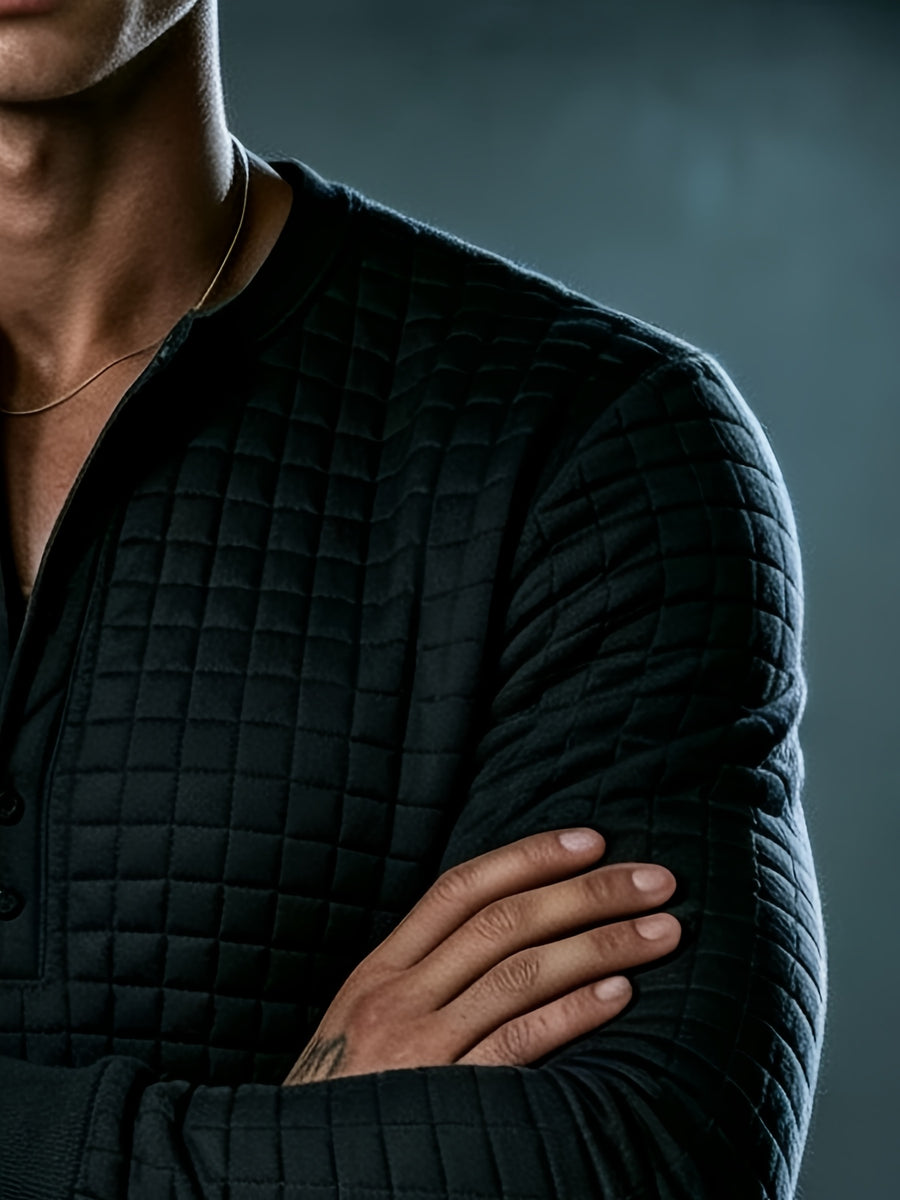 Autumn New Men'S White Checkered Henley Long Sleeve T-Shirt, Henley Collar Textured Top, Easy Rugged Slim Fit, Salon Gathering Casual Wear, Easy Fashion, Men'S Half-Open Long Sleeve - Black
