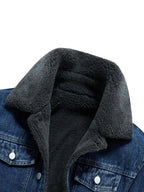 Men'S Shearling Collar Fleece-Lined Denim Jacket, Thickened Windproof Warm-Locking Cold-Resistant, Washed Denim Composite Shearling Lining Contrast Stitching Craft, Utility Casual Regular Fit, Fall Winter Street Commute Vintage Style - Blue