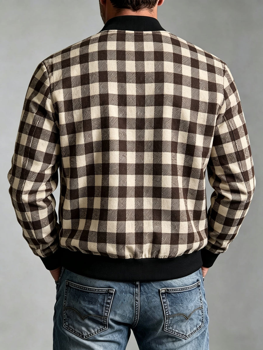 Men's Vintage Waffle Check Baseball Jacket with Zipper Front & Collar - Multi-Color Plaid Cardigan Coat (Black/White/Red/Brown/Green), Machine Washable Suitable for Commuting, Casual Streetwear Outerwear, Spring/Autumn Daily Jacket - Khaki Brown