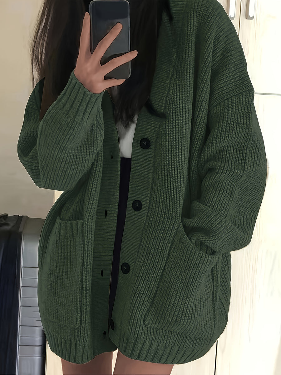 Casual V-Neck Single-Button Sweater Women'S Fall Winter Outerwear Top - Green