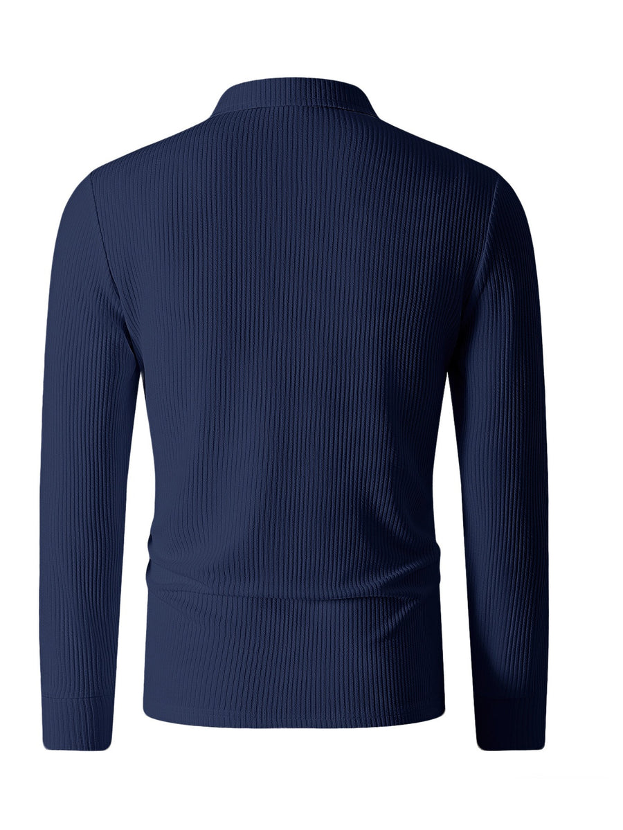 Autumn Men'S Ribbed Long-Sleeve Polo Shirt Print Half-Zip Lapel Slim Fit Breathable T-Shirt - Navy Color