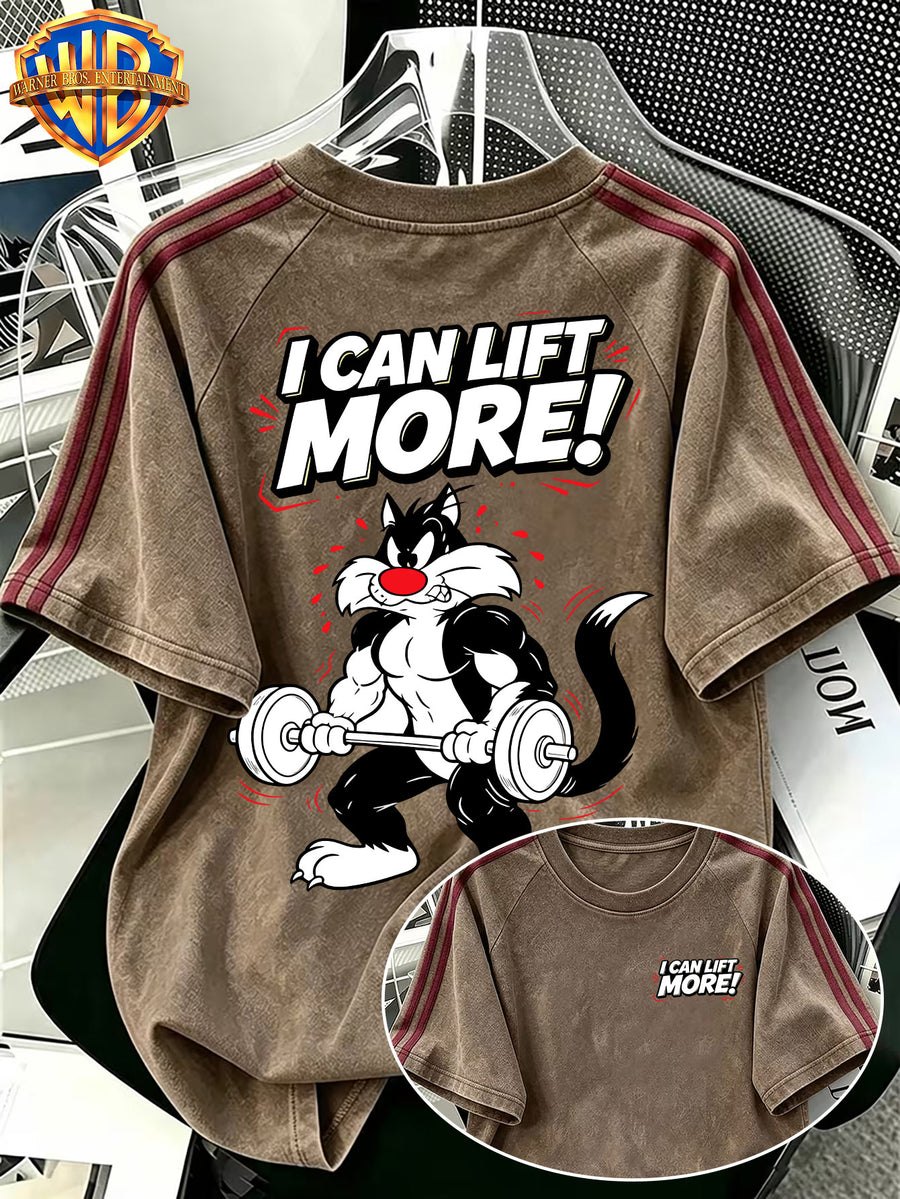 Warner Official Authorization, American Retro Men's Washed Short T-shirt, Silly Cat Vigorously Lifting Barbell, Fitness Hot Blooded Cartoon Print Pattern, Side Contrasting Stripes, Comfortable and Breathable, Suitable for Daily Commuting in Summer - Coffee Color