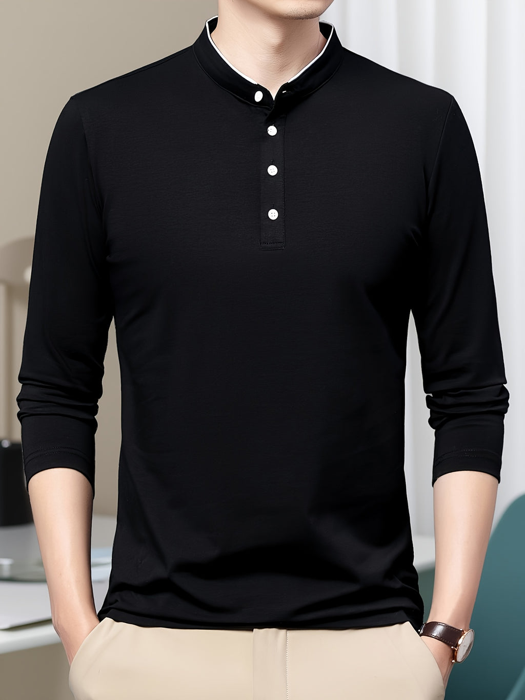 New Spring/Autumn Men's Stand Collar Long Sleeve T-Shirt, Casual Business, Dad's Outfit, Pure Top, Holiday Gift - Soot Black
