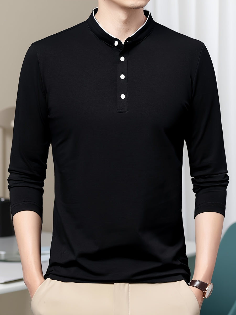 New Spring/Autumn Men's Stand Collar Long Sleeve T-Shirt, Casual Business, Dad's Outfit, Pure Top, Holiday Gift - Soot Black