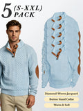 5pcs Set Men's Textured Jacquard Knit Vintage Casual Button-Up Stand Collar Long Sleeve Top, Versatile Basic Solid Color for Autumn/Winter Outings and Home Wear - sky blue 5