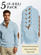 5pcs Set Men's Textured Jacquard Knit Vintage Casual Button-Up Stand Collar Long Sleeve Top, Versatile Basic Solid Color for Autumn/Winter Outings and Home Wear - sky blue 5