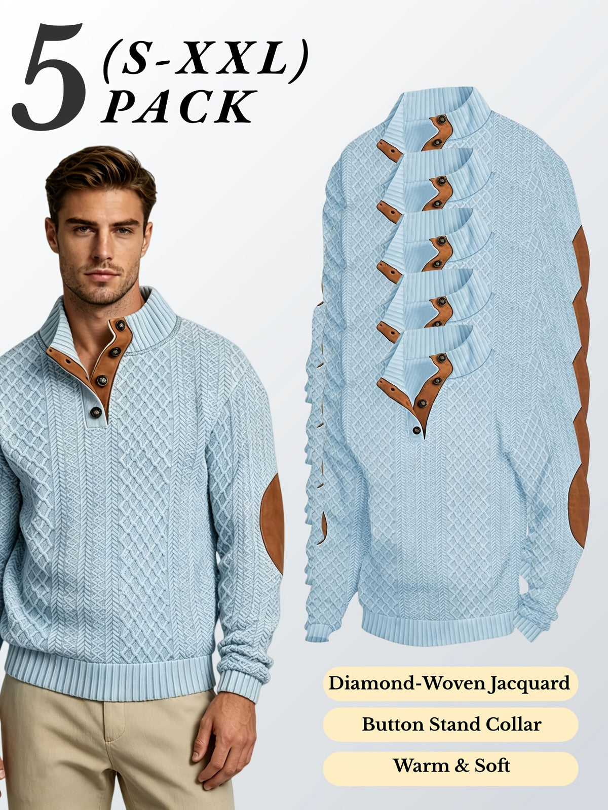 5pcs Set Men's Textured Jacquard Knit Vintage Casual Button-Up Stand Collar Long Sleeve Top, Versatile Basic Solid Color for Autumn/Winter Outings and Home Wear - sky blue 5