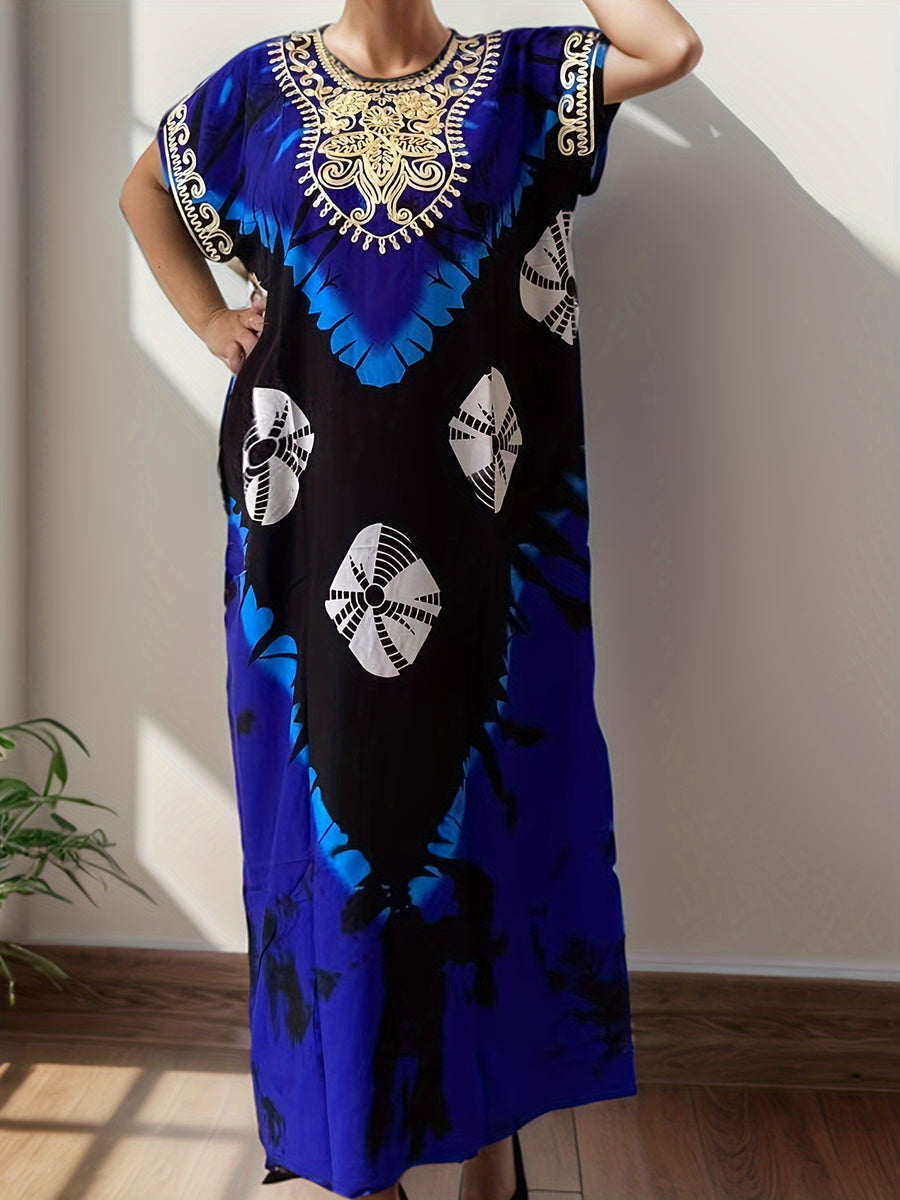 Plus-Size Floral Print Kaftan Dress for Ramadan, Elegant Round-Neck Short-Sleeve Gown for Middle Eastern Women, Women'S Plus-Size Clothing - Royal Blue