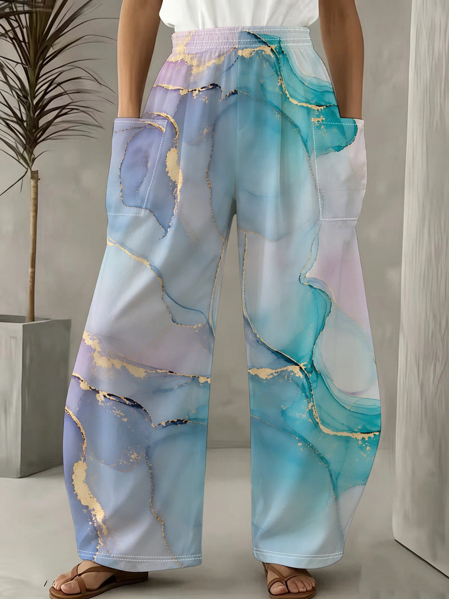[Printed Design-Not Textured] Abstract Fluid Art Women'S Long Pants, Soft Pastel And Metallic Golden Accents, Dreamy Ethereal Effect, Elegant Contrast, Suitable for Casual Wear And Fashionable Occasions, Enhancing Style with Artistic Design - Mixed colors