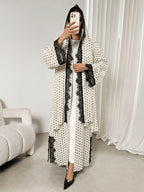 1 Set Women's Contrast Lace Polka Dot Print Hooded Abaya Vacation, Dubai Style. Suitable for Women's Daily Wear, Usable in Spring, Summer, and Autumn. Muslim Abaya, Summer Abaya for Women, Women's Abaya, Muslim Dress, Summer Robe for Women - White