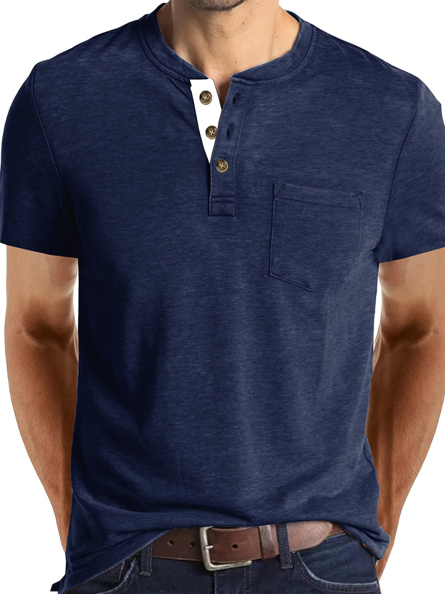 Men'S Summer Round Neck Short Sleeve T-Shirt Henley Shirt Pocket Top - Navy Color
