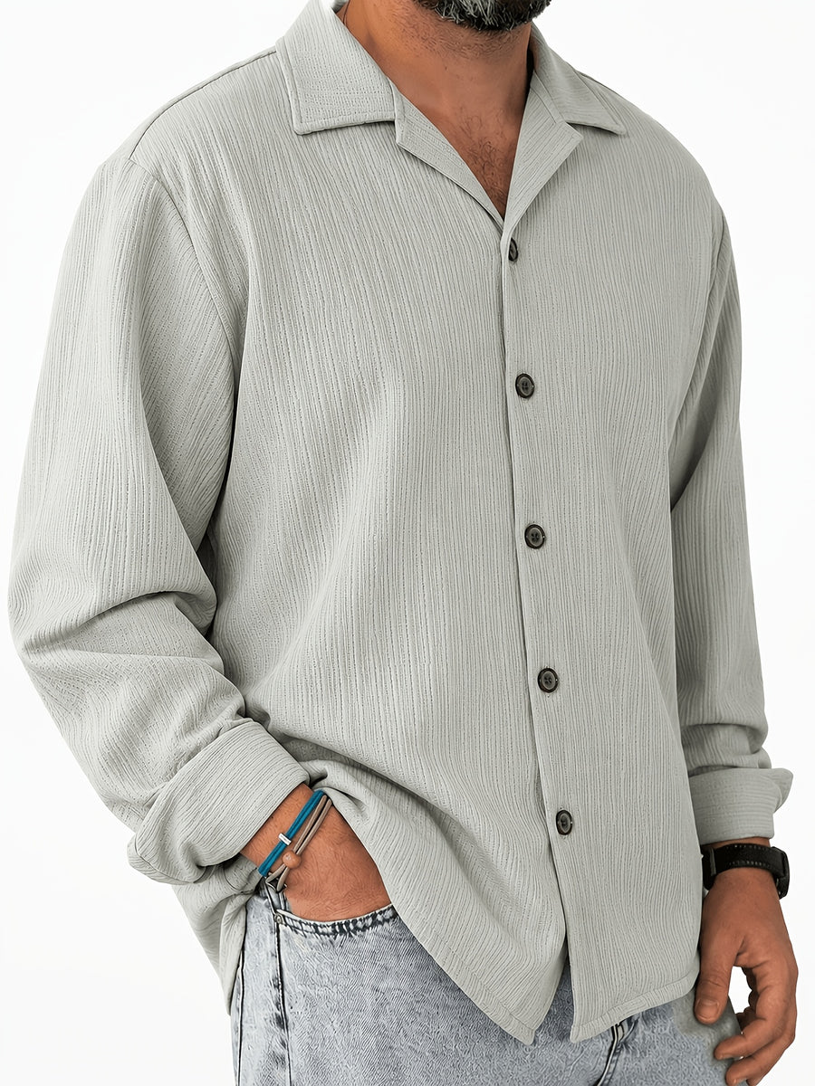 Men's Vintage Lapel Long Sleeve Shirt, Vertical Ribbed Minimalist Solid Knit Top, Versatile Casual Wear - Light Grey
