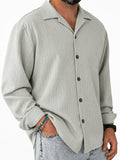 Men's Vintage Lapel Long Sleeve Shirt, Vertical Ribbed Minimalist Solid Knit Top, Versatile Casual Wear - Light Grey