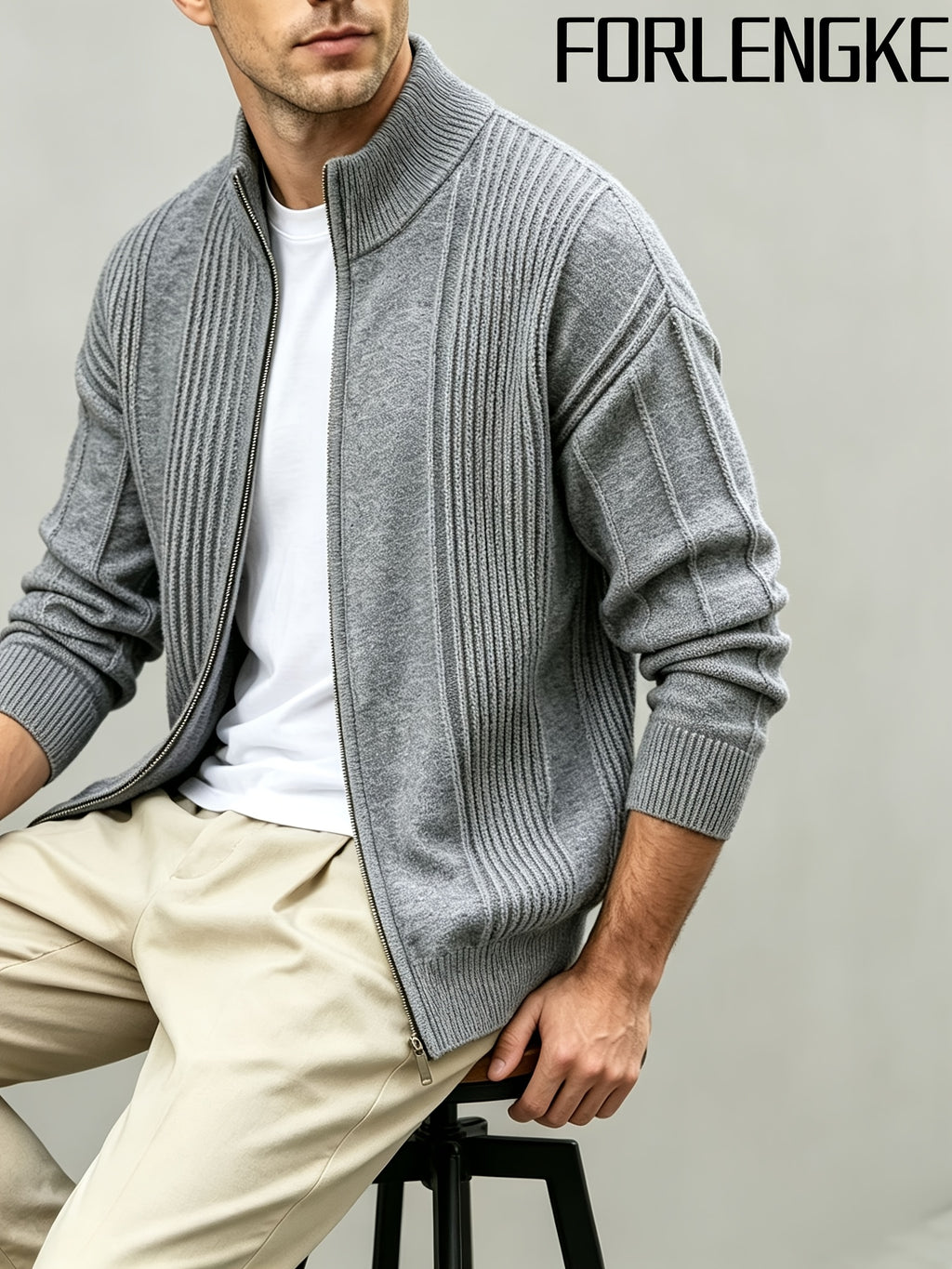 FORLENGKE Early Autumn New Arrival Men's Italian-Style Minimalist Formal Knit Stand Collar Cardigan, Zipper Open Front for Layering with Inner Wear, Autumn/Winter Golf, Casual, Office Commute, Shopping, Market Strolling, Daily Wear Top - Grey