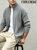 FORLENGKE Early Autumn New Arrival Men's Italian-Style Minimalist Formal Knit Stand Collar Cardigan, Zipper Open Front for Layering with Inner Wear, Autumn/Winter Golf, Casual, Office Commute, Shopping, Market Strolling, Daily Wear Top - Grey