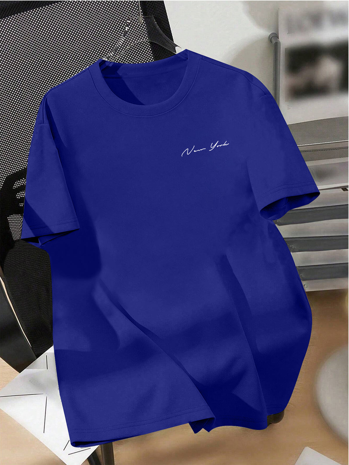 Men' New York Letter Print T-Shirt - Minimalist Round Neck Short Sleeve Tee with, Machine Washable Casual Basic Shirt Suitable for Summer, Office & Casual Attire, Non- Regular Fit for Men - Blue