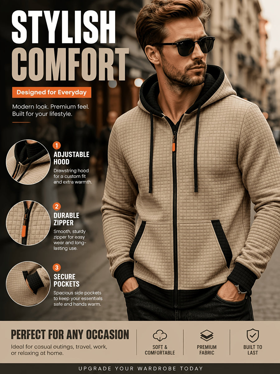 Autumn/Winter Men's Thickened Jacquard Long-Sleeve Open Cardigan Jacket, Hooded Fashionable Checkered Jacquard Textured Fabric, Comfortable Outerwear Suitable for Daily Outings, Outdoor Sports, Travel, and Vacations. Lightweight and Comfortable - Khaki