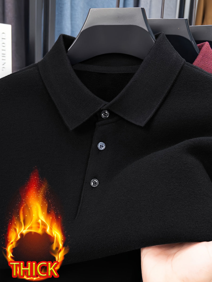 Men's -lined Lapel Polo Knit Sweater, with Plush Inner Lining, for Autumn and Winter Cold Protection. Suitable for Wearing Alone in Late Autumn and Early Winter, or as a Base Layer in Winter. Keeps You Warm Without Adding Bulk - Black