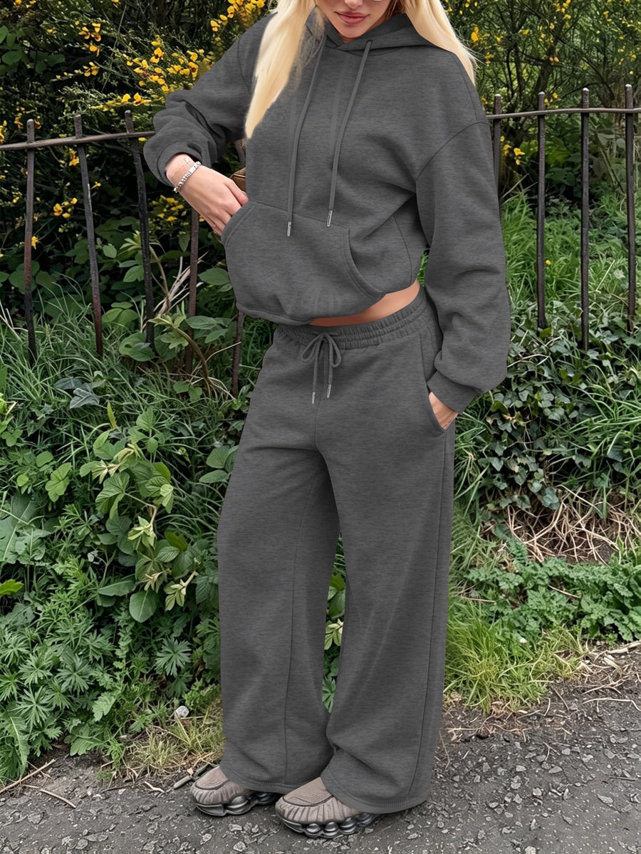 Halloween 2027NEW 2pcs Women's AutumnWinter Hooded Sweatshirt And Wide-Leg Pants Suit Kangaroo Pocket Long-Sleeve Jacket Wide-Leg Pants Suit Casual S Loose Suit Christmas Black Friday Cyber (27) - Deep Gray