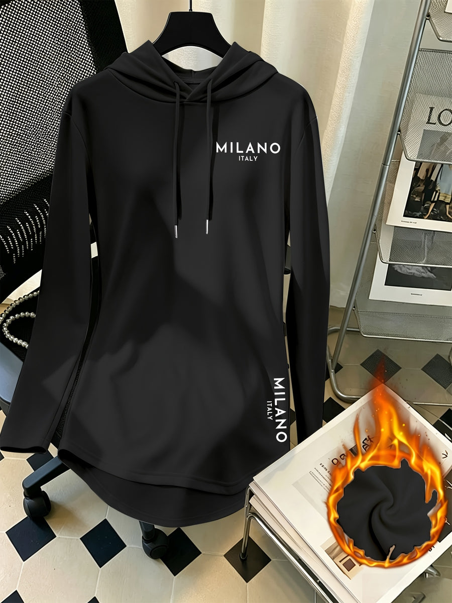 Women's Mid-Length Hooded Sweatshirt, Loose Fit, Hip-Covering, Letter Print, Drawstring Pullover Top - Black