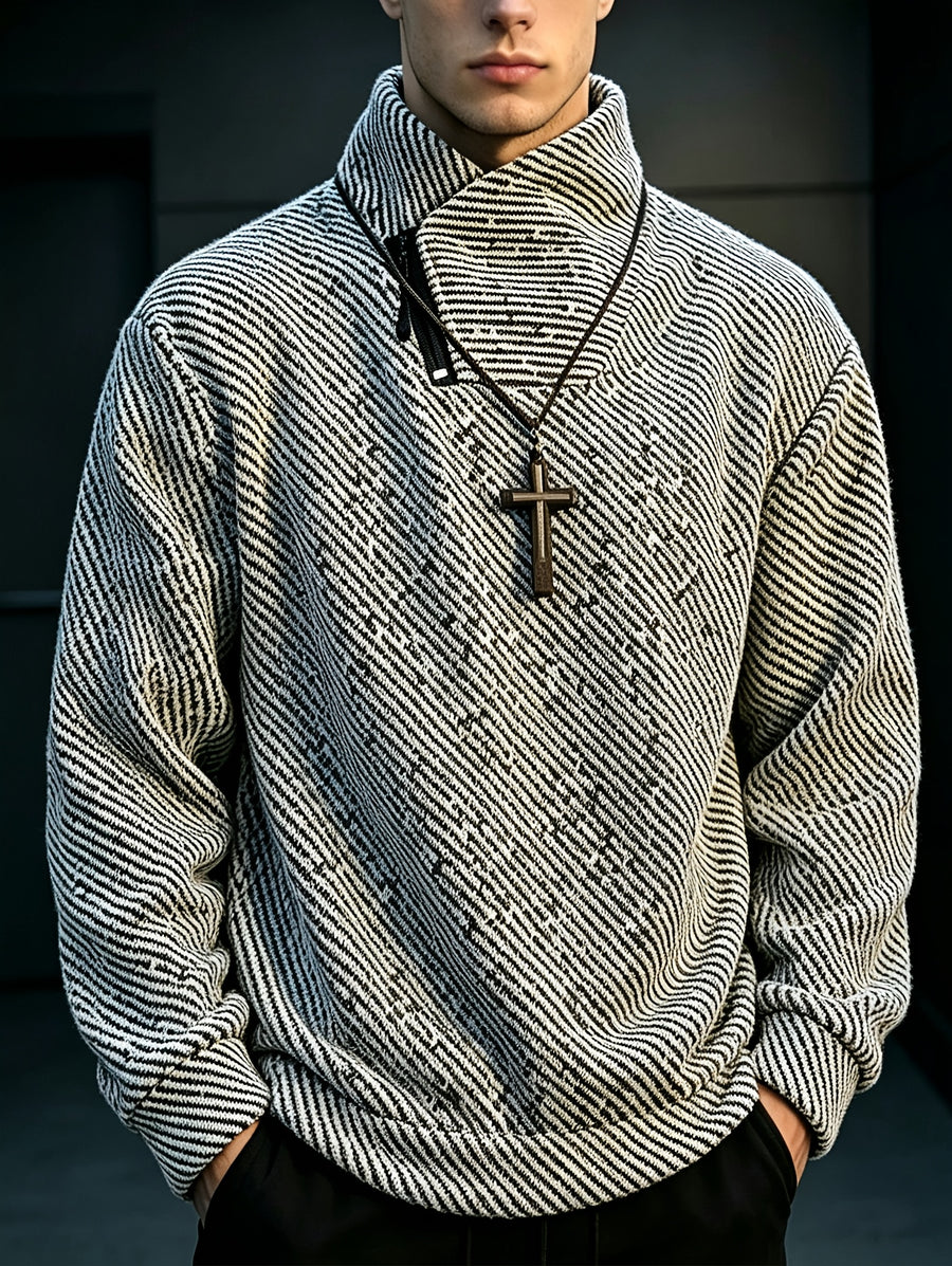 Men's Sweatshirt, Classic Elegant Style, Diagonal Zipper, Stand-Up Collar, Long Sleeve, Spring/Autumn Streetwear, Stylish and Thickened Heavyweight Men's Top Winter Clothes for Men - White
