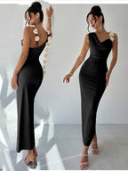 Summer Ladies 3D Flower Decorated Fashion Elegant Bodice Dress Pure Black Asymmetrical Sleeveless Long Party Dress Bridesmaid Gown - Black
