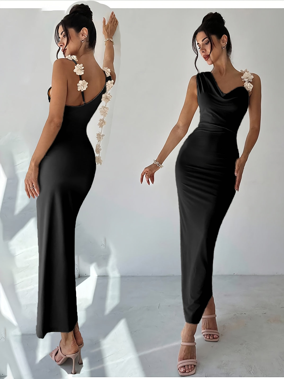 Summer Ladies 3D Flower Decorated Fashion Elegant Bodice Dress Pure Black Asymmetrical Sleeveless Long Party Dress Bridesmaid Gown - Black