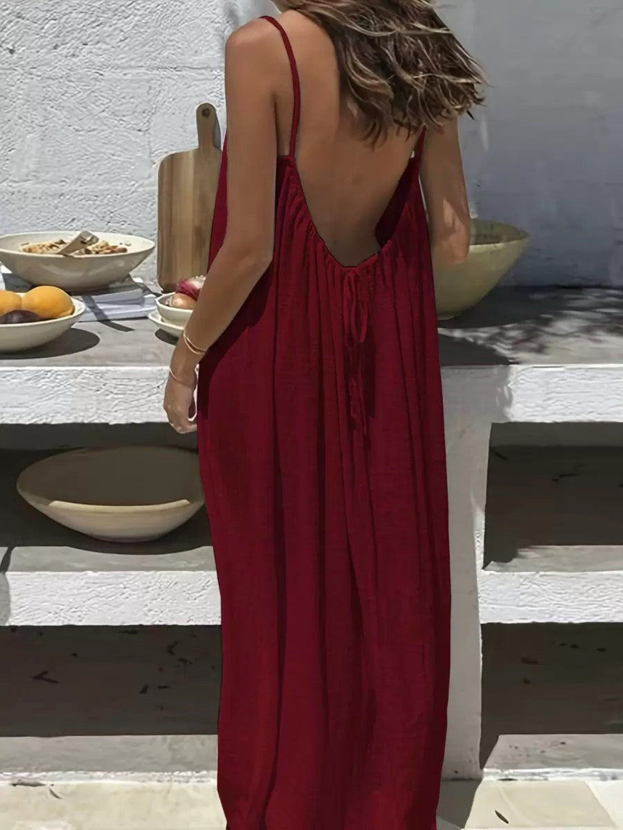 2026 Cross-Border New Women'S Suspender Coat, Backless, Loose Home Wear, Casual Dress - Burgundy