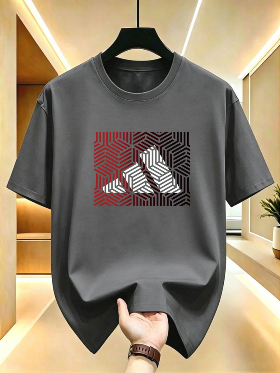 Men's Black and Red Gradient Geometric Pattern Print T-shirt, Summer Crew Neck Short Sleeve - Grey