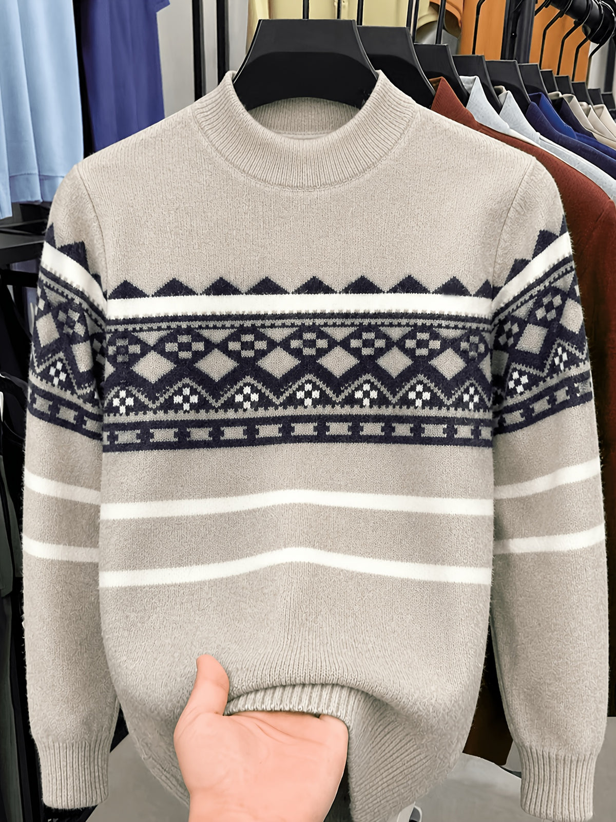 [Wading Whale OBM] Spring/Autumn New Men'S Knit Pullover Sweater, Old Money Style Contrast Color Round Neck Long Sleeve Ribbed Sweater, Men'S Business Casual Fashion Pullover, Suitable for Spring, Autumn, Winter Layering Or Inner Wear - Dark Khaki