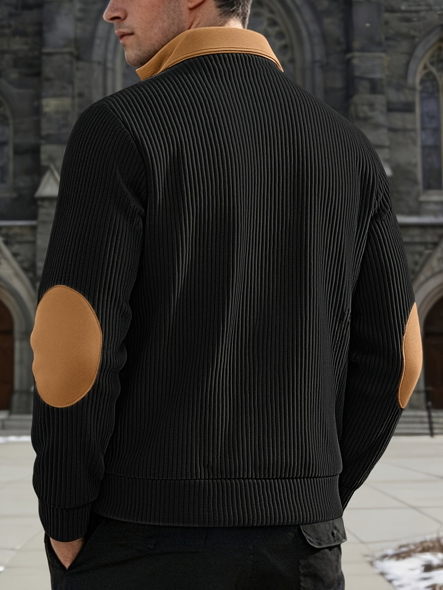 Light Luxury Color-Block Patchwork Half-Zip Lapel Sweater, Men'S Pinstripe Stretch Long Sleeve Casual Commuter Top - Black