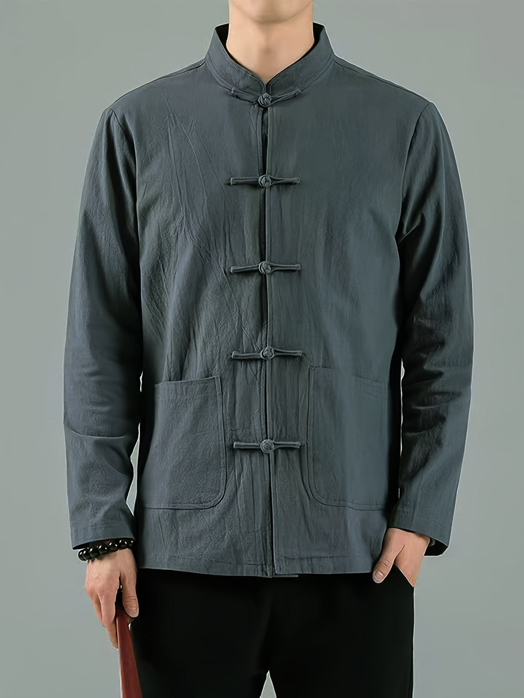 New Men'S Long Sleeve Shirt, Casual Shirt, Breathable And Versatile, Chinese Style Top, Solid Color, Comfortable Casual Shirt for Men - Grey