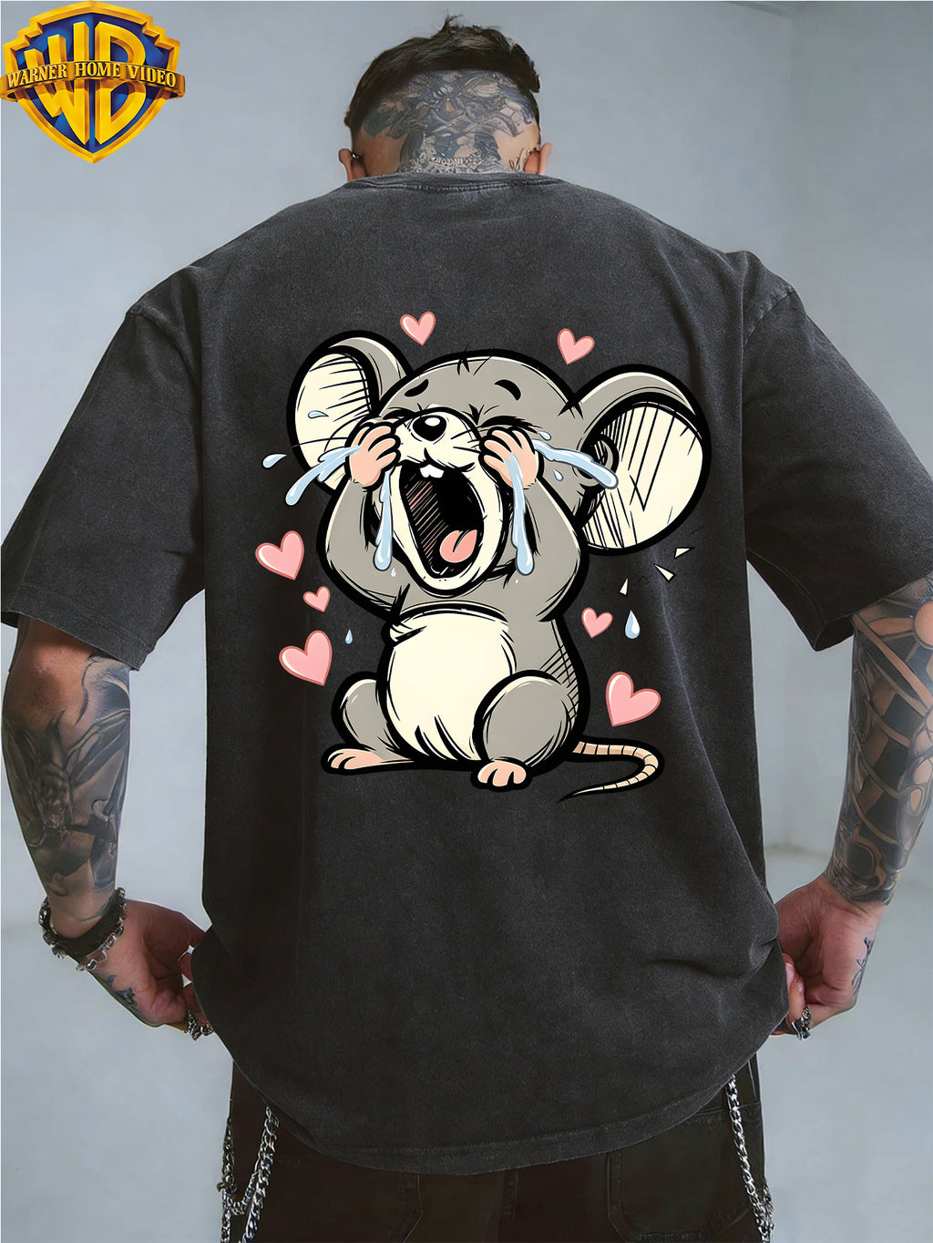 Warner Bros. Officially Authorizes Crying on the Floor with Floating Love Print  Washed Outdated Short Sleeve T-shirt for Men and Women, Machine Washable Daily Commuter Outdoor Sports and Leisure Top - Black